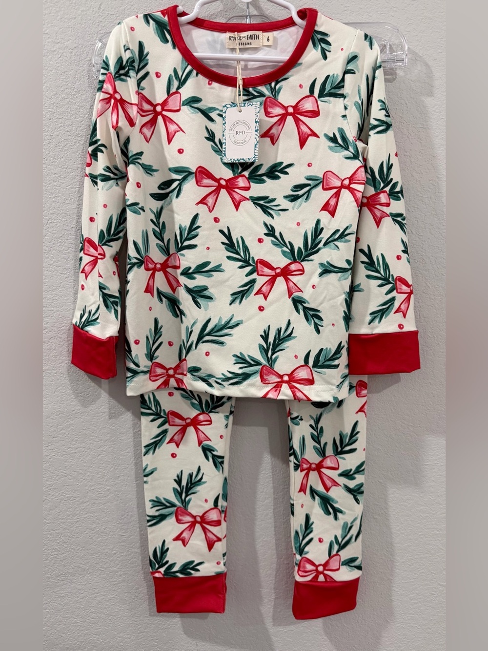 Rylee Faith Designs Christmas Red Bow & Pine Holly Long Sleeve Pajamas 6